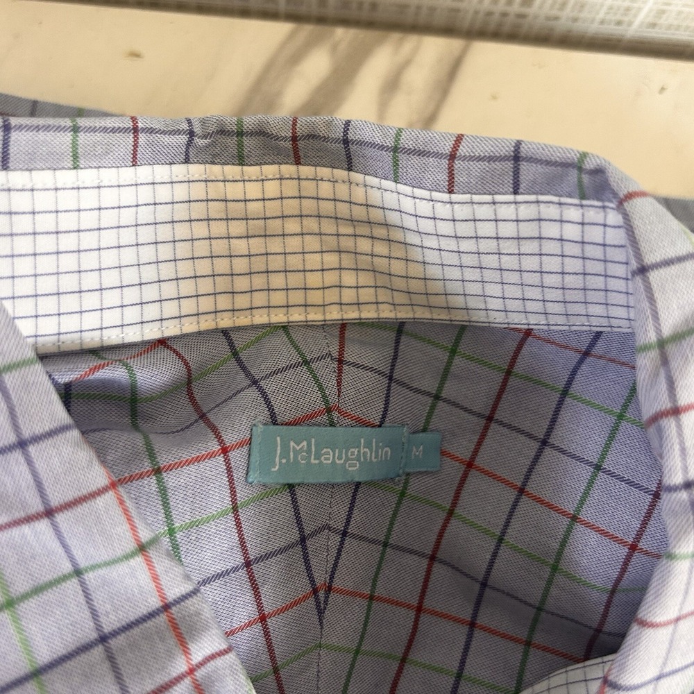 J McLaughlin Men's Dress Office Shirt Blue Plaid Button Down 100% Cotton Med BxQ - Picture 7 of 7